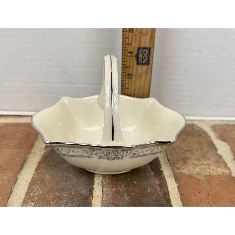 Vintage 80s Lenox Charleston Porcelain Basket Silver Trim Pink Flowers Handled